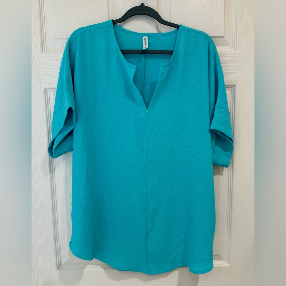 Zenana Woven Airflow V-Neck Dolman Short Sleeve Top - Turquoise
